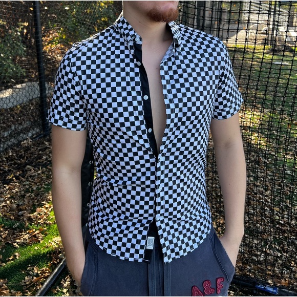 G BY GUESS MEN FINISH LINE CAR RACING FLAG BUTTON DOWN SHIRT CHECKERE CHECK STUD - Picture 5 of 16